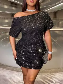 BAE Облегающее платье, меняющее цвет Изготовлено из элегантной ткани с пайетками для женщин больших размеров Shein, черный