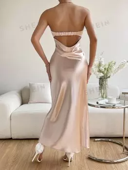 BAE Платье без бретелек, драпированное, с открытой спиной, атласная ткань Shein, шампанское