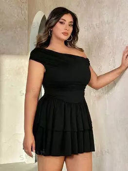 BAE Плюс Размер Летнее Черное Асимметричное Шею Плиссированное Трикотажное Плиссированное Мини-Платье Идеально подходит для нарядов для праздничного свидания Shein, черный