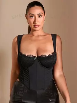 BAE Женский универсальный черный обтягивающий бюстгальтер больших размеров в стиле пэчворк, красивый топ с лямкой на бретельках и кружевом с цветочным принтом, изогнутый подол Shein, черный