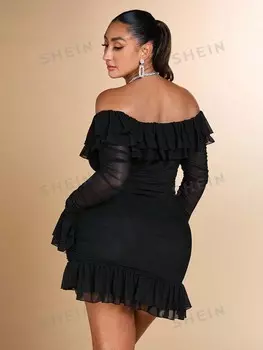 BAE Женское романтичное и милое вечернее платье больших размеров из сетчатой ткани без бретелек с рюшами по краю, длинными рукавами и складками Shein, черный