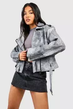 Байкерская куртка из искусственной кожи Petite в винтажном стиле boohoo, серый