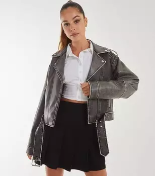 Байкерская куртка из искусственной кожи розового, ванильного и черного цвета с эффектом потертости Pink Vanilla, черный