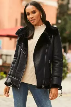 Байкерская куртка из искусственной овчины Sosandar, черный