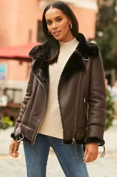 Байкерская куртка из искусственной овчины Sosandar, коричневый