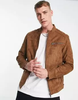 Байкерская куртка Jack & Jones Essentials светло-коричневого цвета из искусственной замши