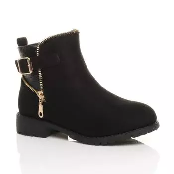 Байкерские ботильоны из искусственной замши на плоском каблуке с золотой молнией AJVANI, черный