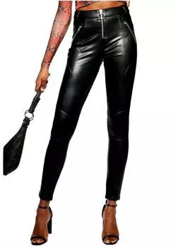 Байкерские брюки из веганской кожи с высокой талией черного цвета Topshop