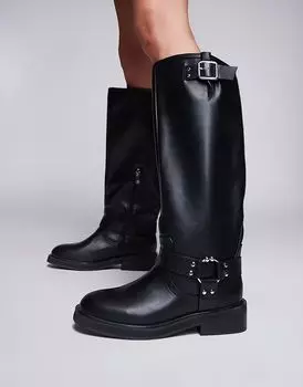 Байкерские сапоги до колена черного цвета River Island