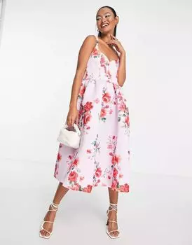 Бальное платье миди сиреневого цвета с цветочным принтом ASOS и корсетным лифом