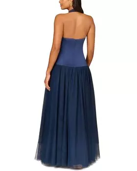 Бальное платье с лямкой на шее Aidan Mattox из комбинированной ткани, синий