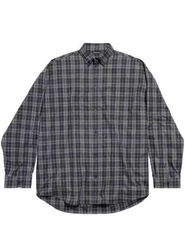 Balenciaga logo-print plaid cotton shirt, синий