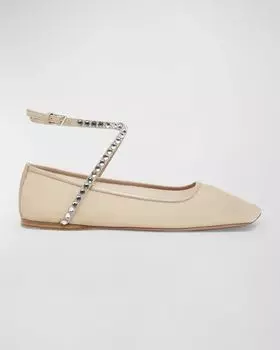 Балетки Ane Mesh с кристаллами и ремешком на щиколотке Amina Muaddi, цвет Latte And White