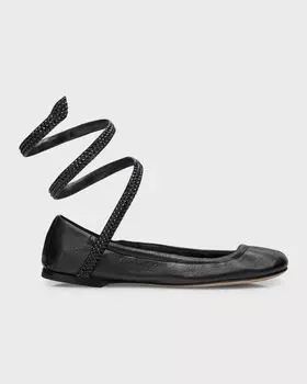 Балетки из овечьей кожи со стразами и змеиным запахом Rene Caovilla, цвет Black