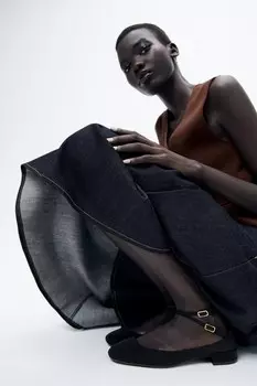 Балетки из ткани на шнуровке ZARA, черный