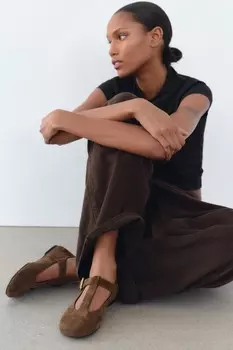 Балетки из замши с пряжкой ZARA, цвет dark tan