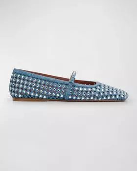 Балетки Мэри Джейн с кристаллами сердца Ane Amina Muaddi, цвет Printed Denim And White