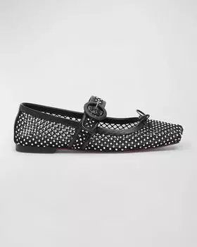 Балетки Mary Jane с сетчатой сеткой и красной подошвой Christian Louboutin, цвет Black/Crystal