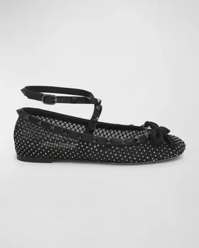 Балетки Rockstud Crystal Mesh с ремешком на щиколотке Valentino Garavani, цвет Black Diamond Nero