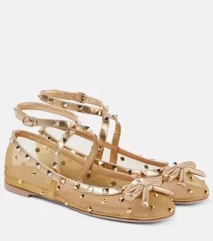 Балетки Rockstud из сетчатой ткани с декором Valentino Garavani, цвет light pecan/star gold/crystal