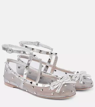 Балетки Rockstud из сетки с бантом Valentino Garavani, цвет pastel grey/silver/silver
