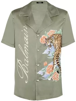 Balmain атласная рубашка с тигровым принтом, зеленый
