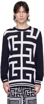 Balmain Бело-темно-синий жаккардовый свитер