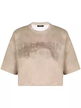 Balmain distressed logo-print T-shirt, нейтральный цвет