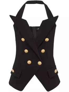 Balmain двубортный топ строгого кроя с вырезом халтер, черный