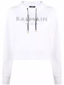 Balmain худи с логотипом и стразами, белый