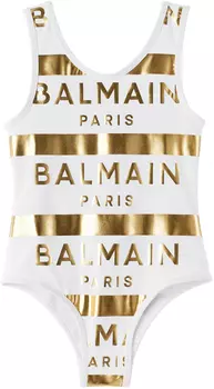 Balmain Kids Цельный купальник белого цвета в полоску