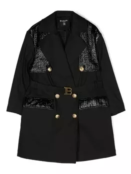 Balmain Kids двубортное пальто с лакированными вставками, черный