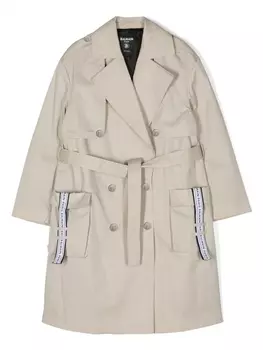 Тренч с поясом двубортный Balmain Kids, нейтральный