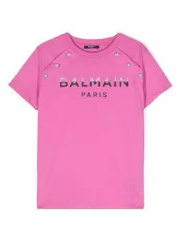 Balmain Kids футболка с блестящим логотипом, розовый