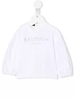 Balmain Kids футболка с логотипом и кристаллами, белый