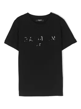 Balmain Kids футболка с логотипом и пайетками, черный