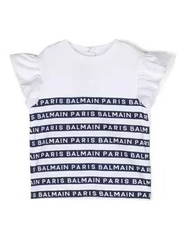Balmain Kids футболка с оборками на рукавах и логотипом, белый