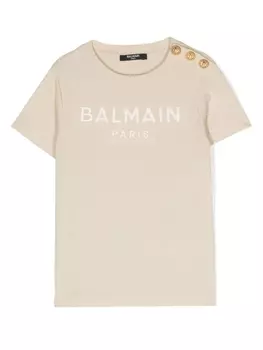 Balmain Kids футболка с вышитым логотипом, нейтральный цвет