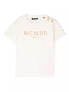 Balmain Kids футболка с вышитым логотипом, нейтральный цвет