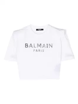 Balmain Kids футболка со стразами и логотипом, белый