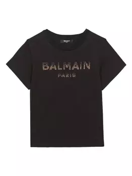 Balmain Kids футболка со стразами и логотипом, черный