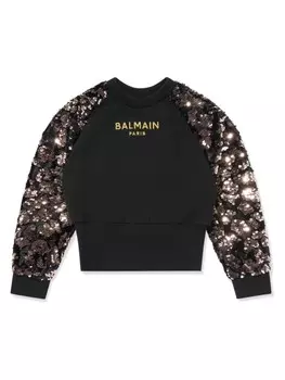 Balmain Kids хлопковая толстовка, украшенная пайетками, черный
