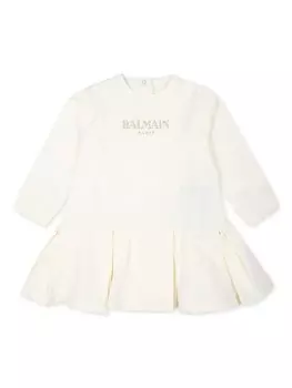 Balmain Kids хлопковое платье-толстовка с вышитым логотипом, нейтральный цвет
