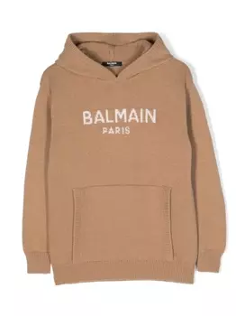Balmain Kids худи вязки интарсия с логотипом, коричневый
