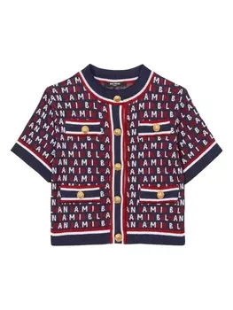 Balmain Kids кардиган с короткими рукавами и жаккардовым логотипом, синий