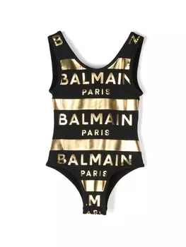 Balmain Kids купальник с эффектом металлик и логотипом, черный