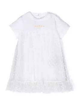 Balmain Kids платье из тюля с аппликацией, белый