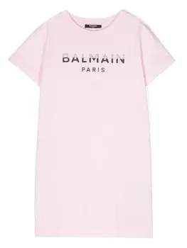 Balmain Kids платье с блестящим логотипом, розовый