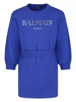 Balmain Kids платье-толстовка из органического хлопка с вышитым логотипом, синий