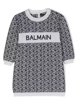 Balmain Kids платье вязки интарсия с логотипом, нейтральный цвет